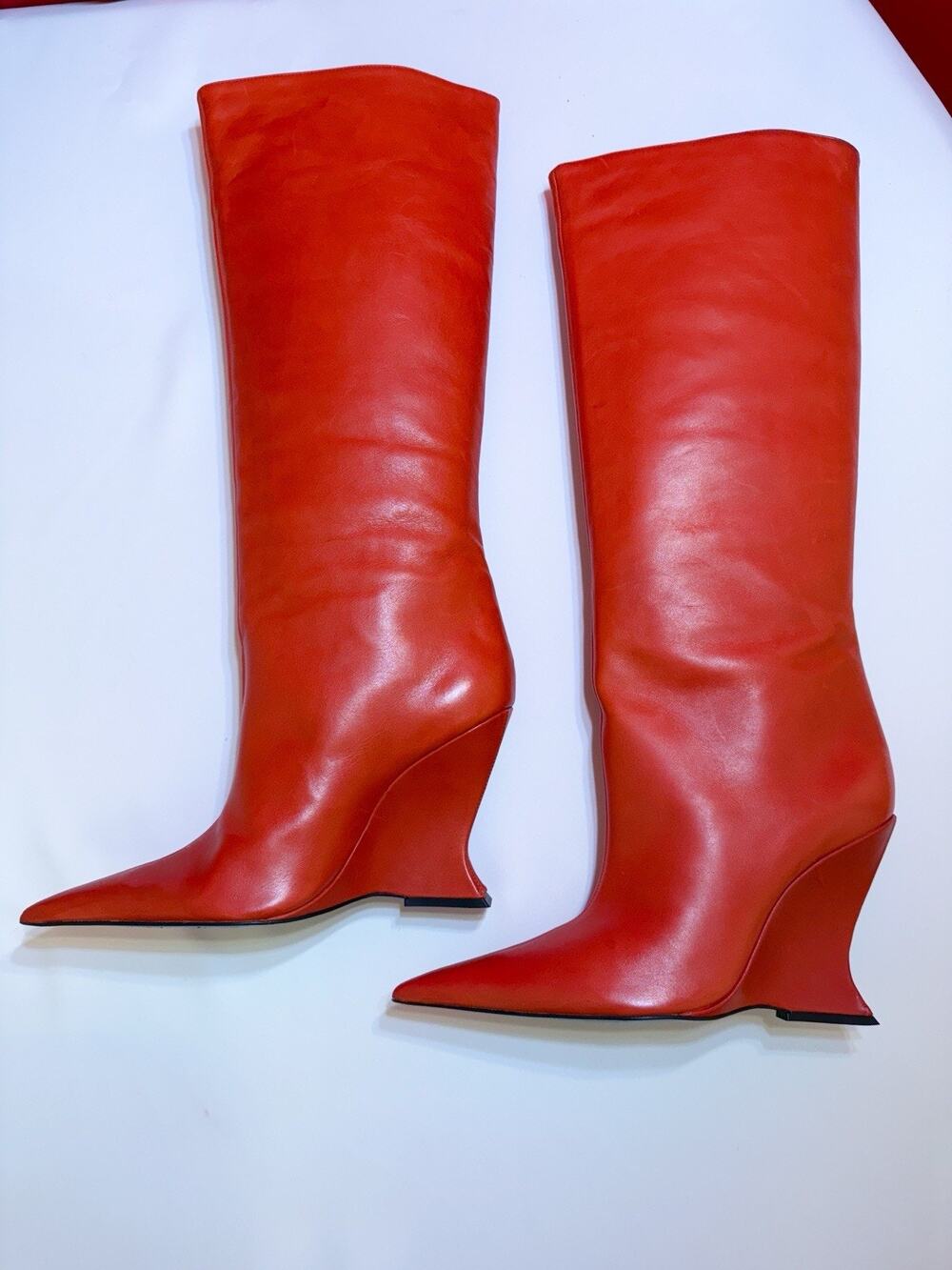 Sz 9 ❤️ Schutz Women’s Siena Knee Boot in Red Flame Genuine Leather Pointed Toe - Picture 1 of 14
